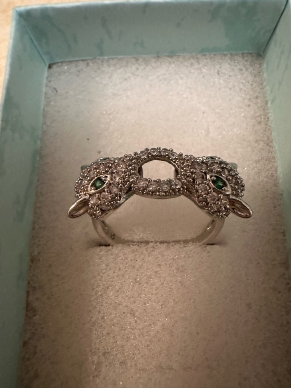 Silver Double-Headed Cat  Ring with Green Accent Stones - Picture 2 of 10